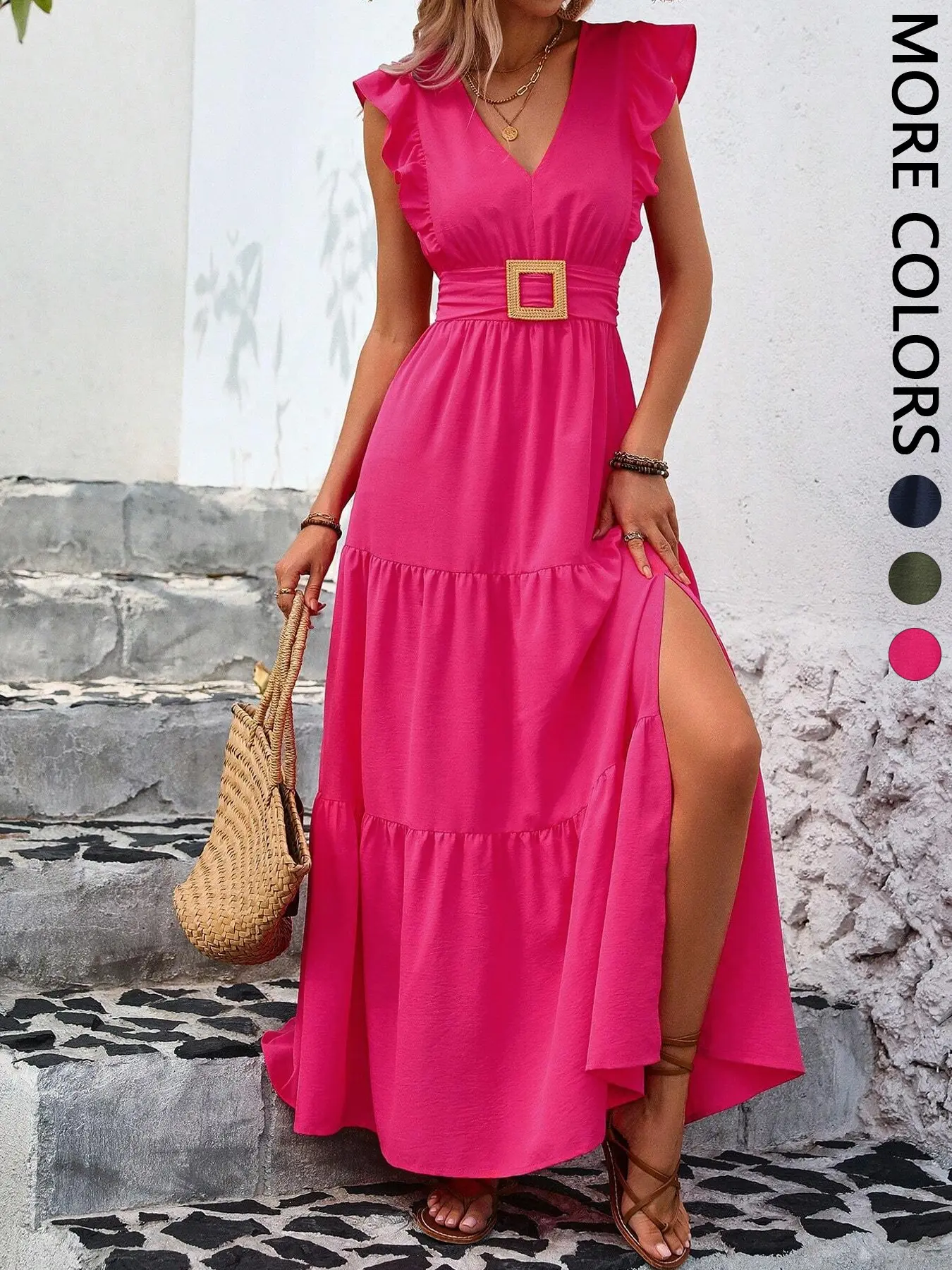 Women's Floral Fitted Dress, Sexy Deep V Neck, Sleeveless Long Dress with Ruffle Hem, Belted Split Design, Casual Chic Feminine Fashion for Vacation