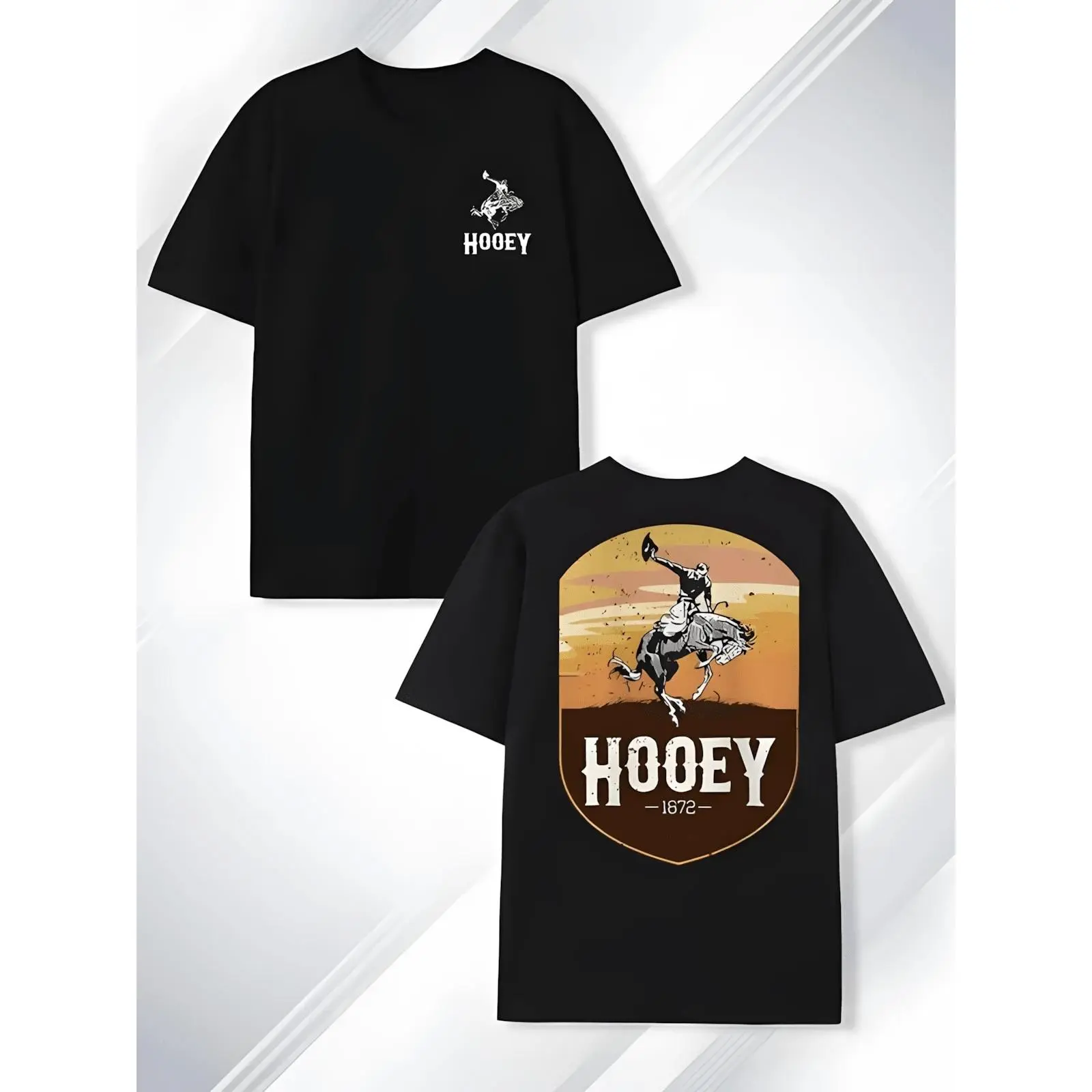 HOOEY Unisex Western Cowboy T-Shirt - Retro 1972 Shield Logo And Back Print, Denim Cotton T-Shirt, Decorated With Cowboy Riding And Sunset Patterns