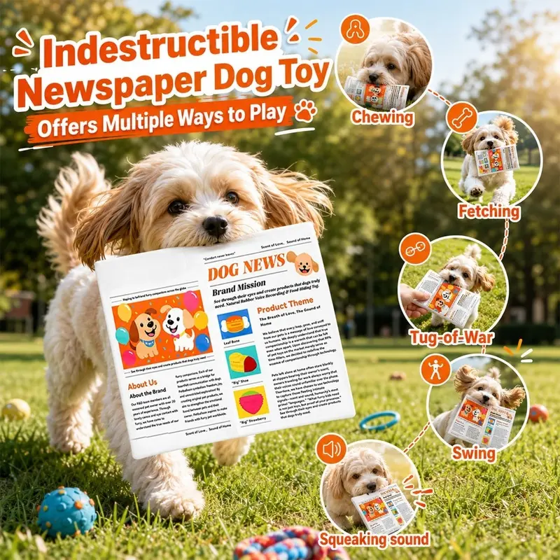 2-Pack Indestructible Dog Newspaper Toy, Crinkle Squeaky Dog Toy for Boredom Relief | Interactive Toy for Active Chewers, Washable Companion Tissue, Tugging Toy for Puppies Such as Poodles