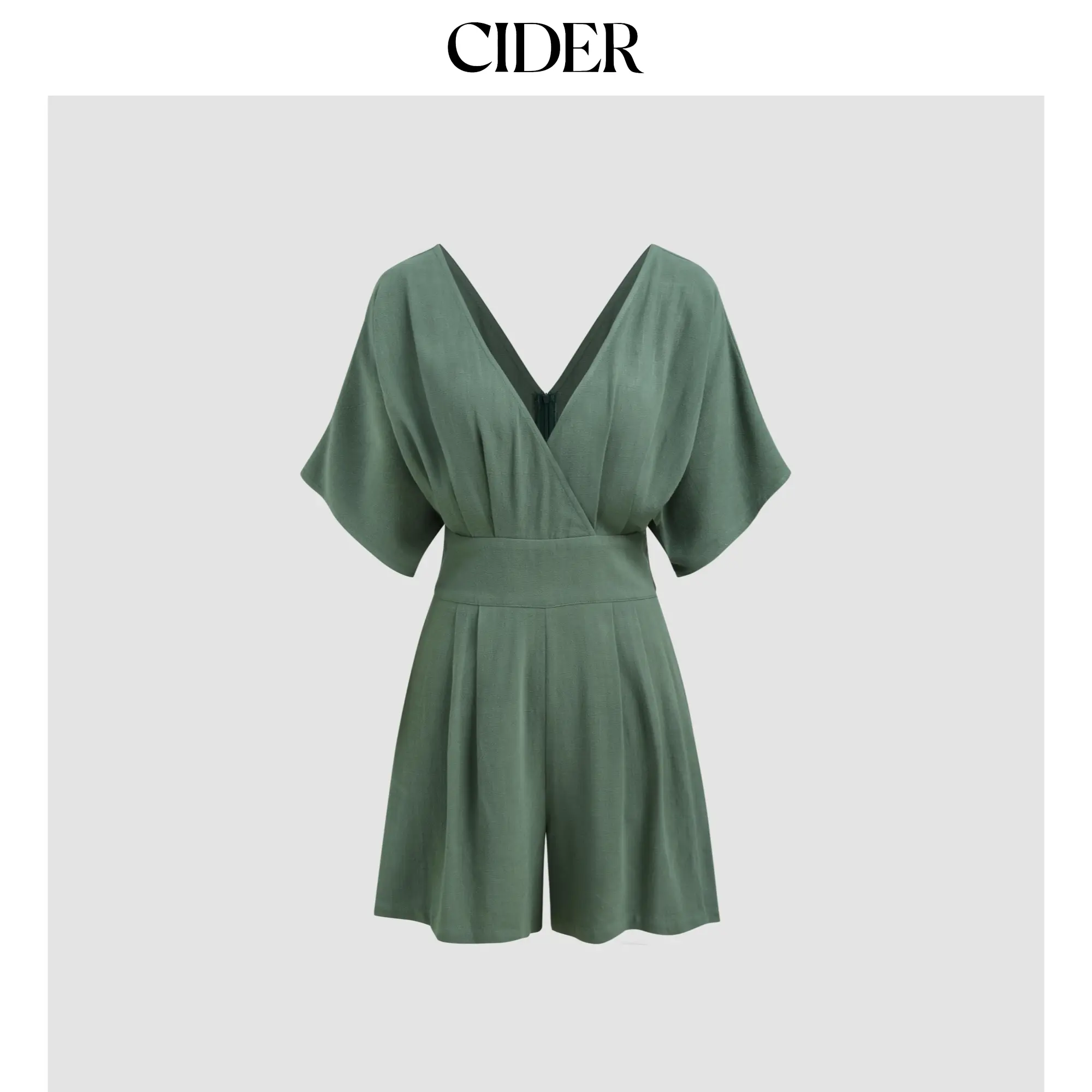 Cider [size 2-26] Linen-blend V-neck Solid Pocket Zipper Romper