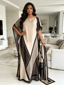 Plus Size Women's Cream Brown V-Shaped Geometric Panel Print Maxi Kaftan Dress with Matching Scarf 2 Piece Set, Lightweight Breathable Loose Batwing Beach Cover Up, Loungewear Nightgown Pajama for Resort Pool Home Sleepwear