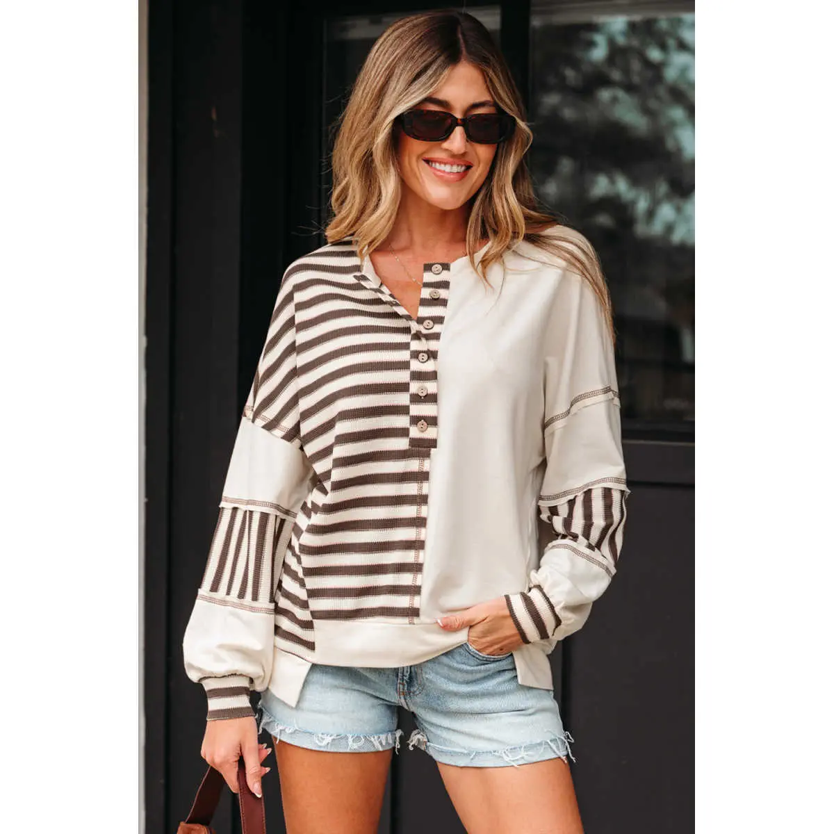 Women's Chic Breathable Casual Cotton Fit Khaki Stripe-Stitched Detail Color-Block Patchwork Oversized Pullover Hoodie