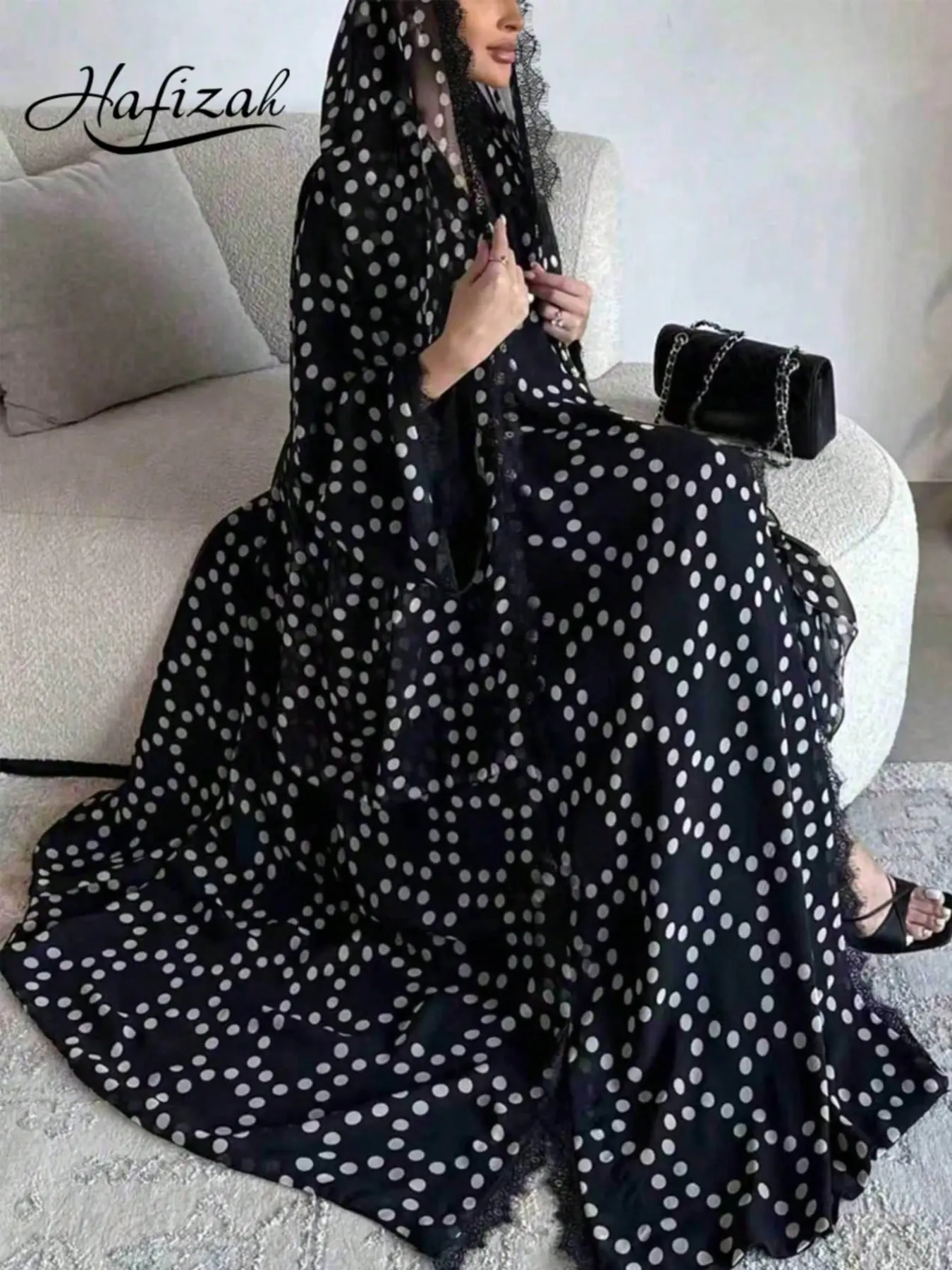 Hafizah Women's Polka Dot Lace Edge Long Cardigan Scarf Set, Loose-Fitting Breathable Elegant Aesthetic, All Seasons Outerwear