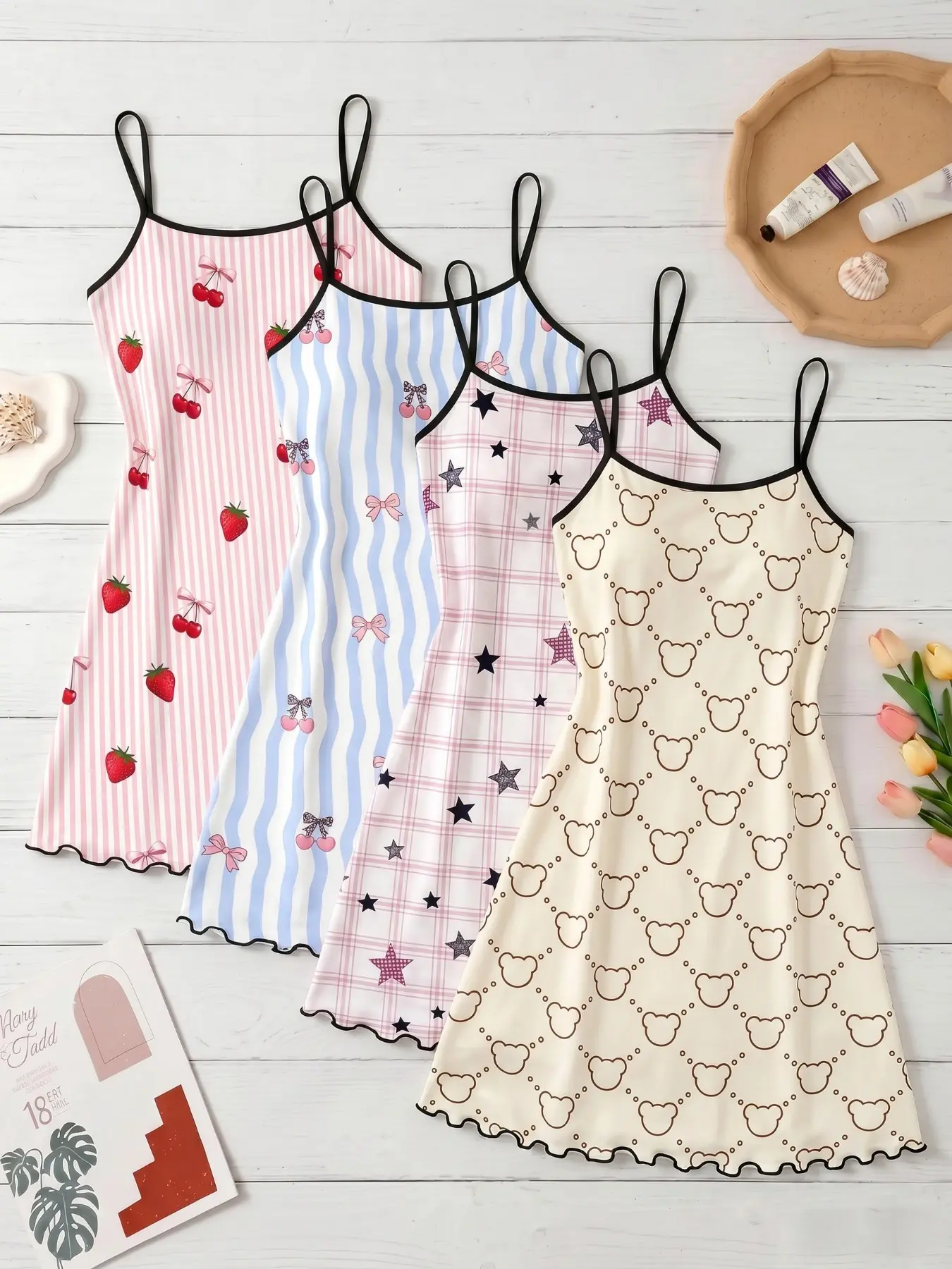 4-Piece Set Striped Rhombus Print Nightwear, Sleeveless Strap Sexy Homewear Nightdress, Slim-Fitting H-Type, All-Over Print, Sweet Home Essential, Loungewear