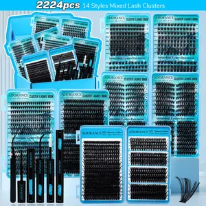 ADORANCE 4 Box 2224PCS Lash Clusters Kit, 14 Styles Mixed Lash Clusters, Natural Wispy Cat Eye Lashes, Large Capacity DIY Lash Extension Kit with Bond & Seal, Remover and Tweezers