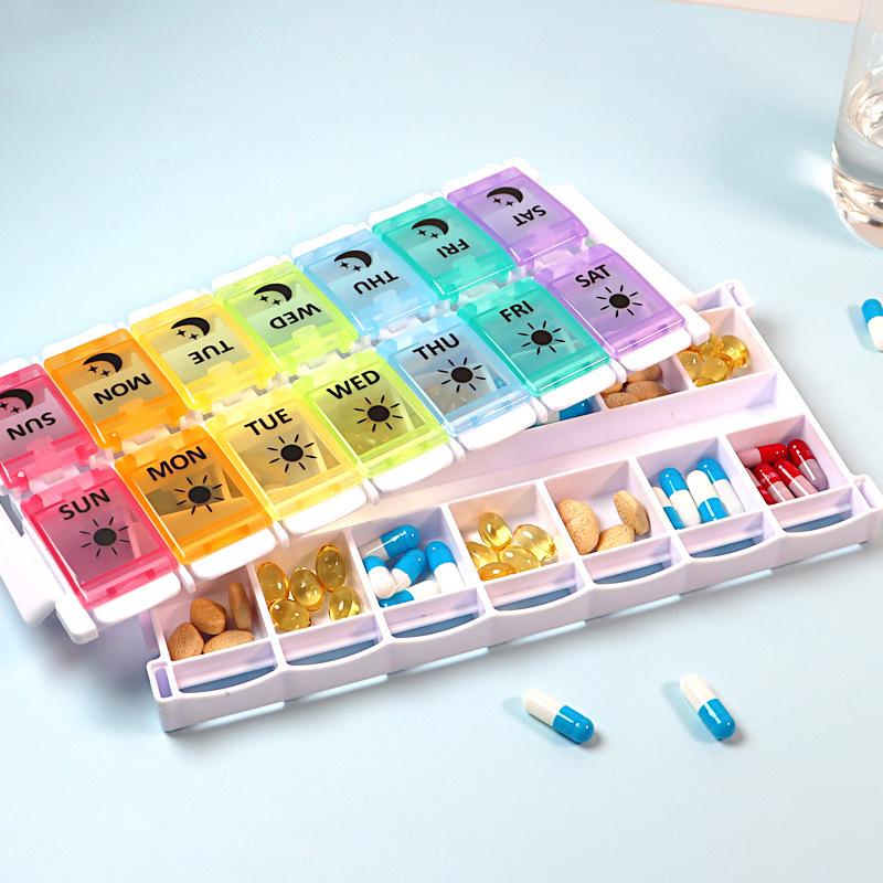 Rainbow Pill Dispensing Box 14-Compartment Press-Open 7-Day Colorful Pill Box Double Row Pop-Up Storage Easy Quick-Load Pill Box Household Portable Medicine Storage Box Dopamine Pill Boxes Large -Capacity Pill Dispensing Box Home