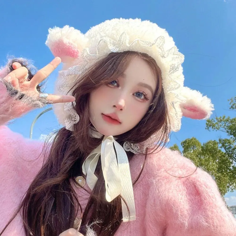 Winter hat New Soft Fluffy Hats Lace Lamb Cashmere Cosplay Hat Lamb Ear Costume Hats Fluffy Costume Hats Christmas Gift