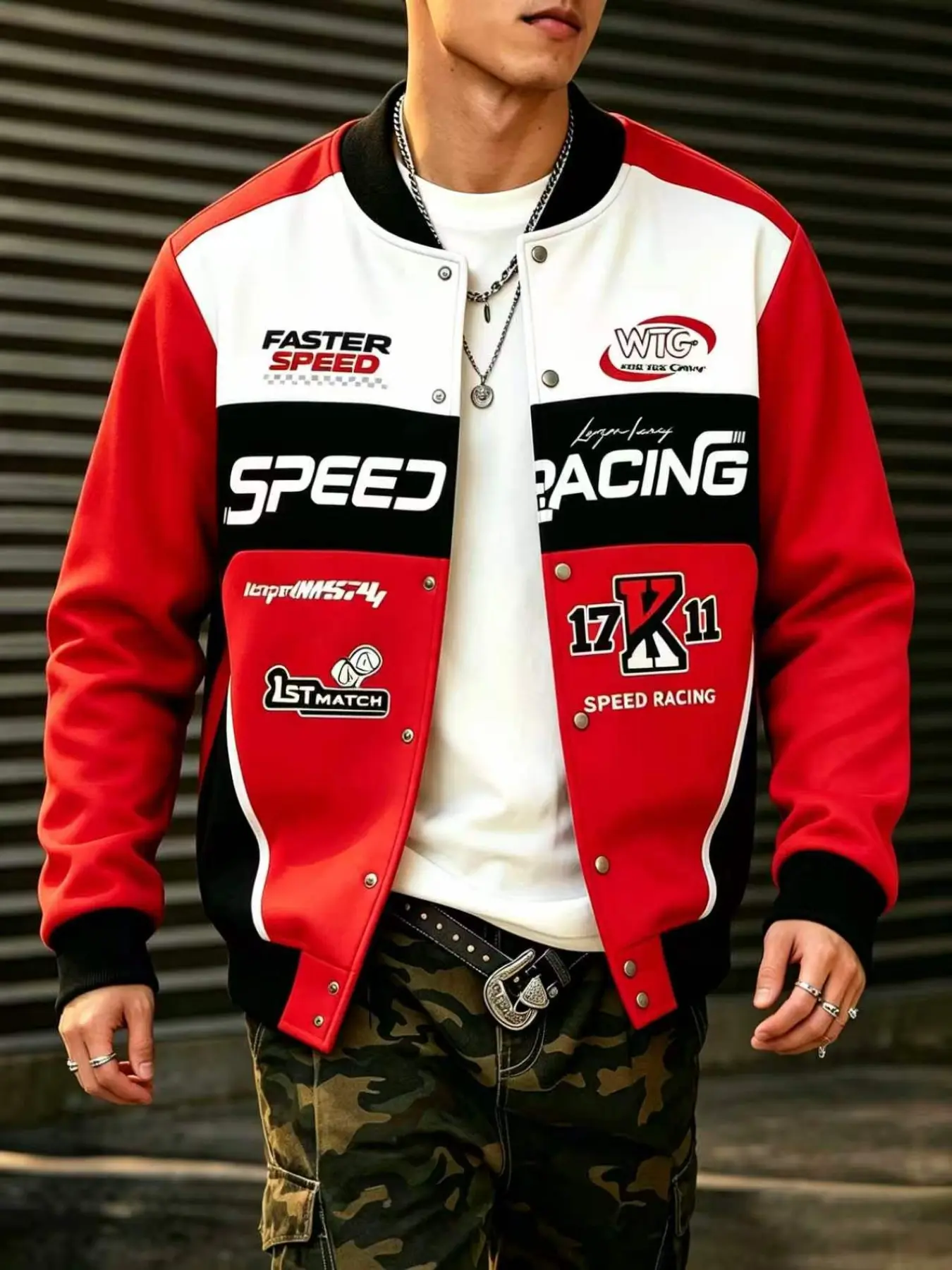 Men's Polyester Colorblock Racing Print Casual Baseball Jacket, Vintage Street Style School Team Pilot Coat, Fashionable Outerwear for Men