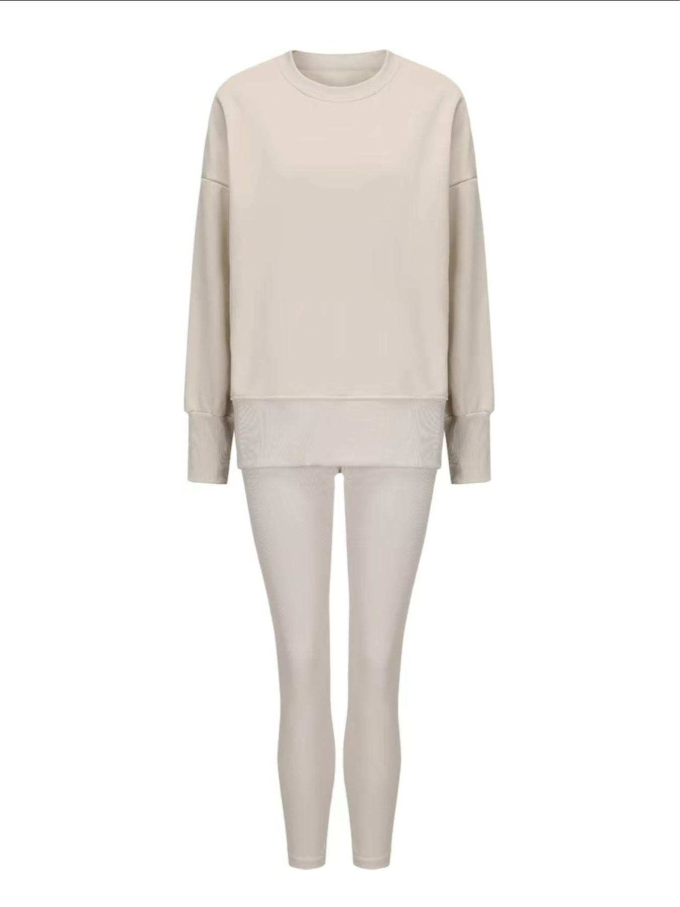 Women's Solid Drop Shoulder Split Hem Sporty Round Neck Sweatshirt & Pants Two-piece Set, Sweatsuit Matching Set, Casual Fashion Cozy Breathable Outfits for Daily Outdoor Wear, Ladies Sportswear for All Seasons