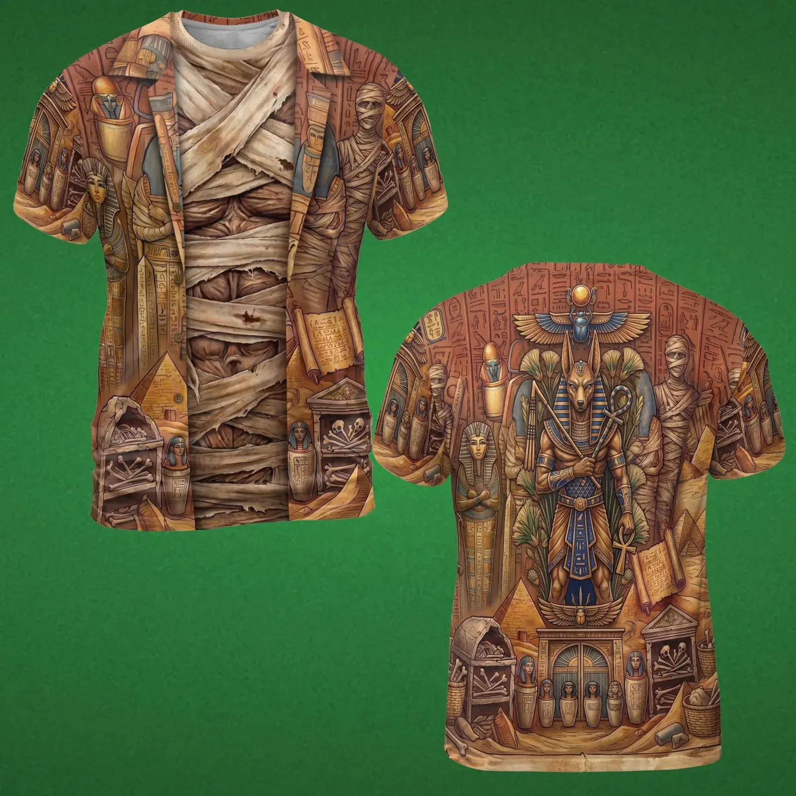 Menswear Short-Sleeve Round Neck T-Shirt - Brown, Imitation Egyptian Pharaoh Mummy Hieroglyph Print, Simple Casual Streetwear Summer Top, Shortsleeve, Hieroglyphs