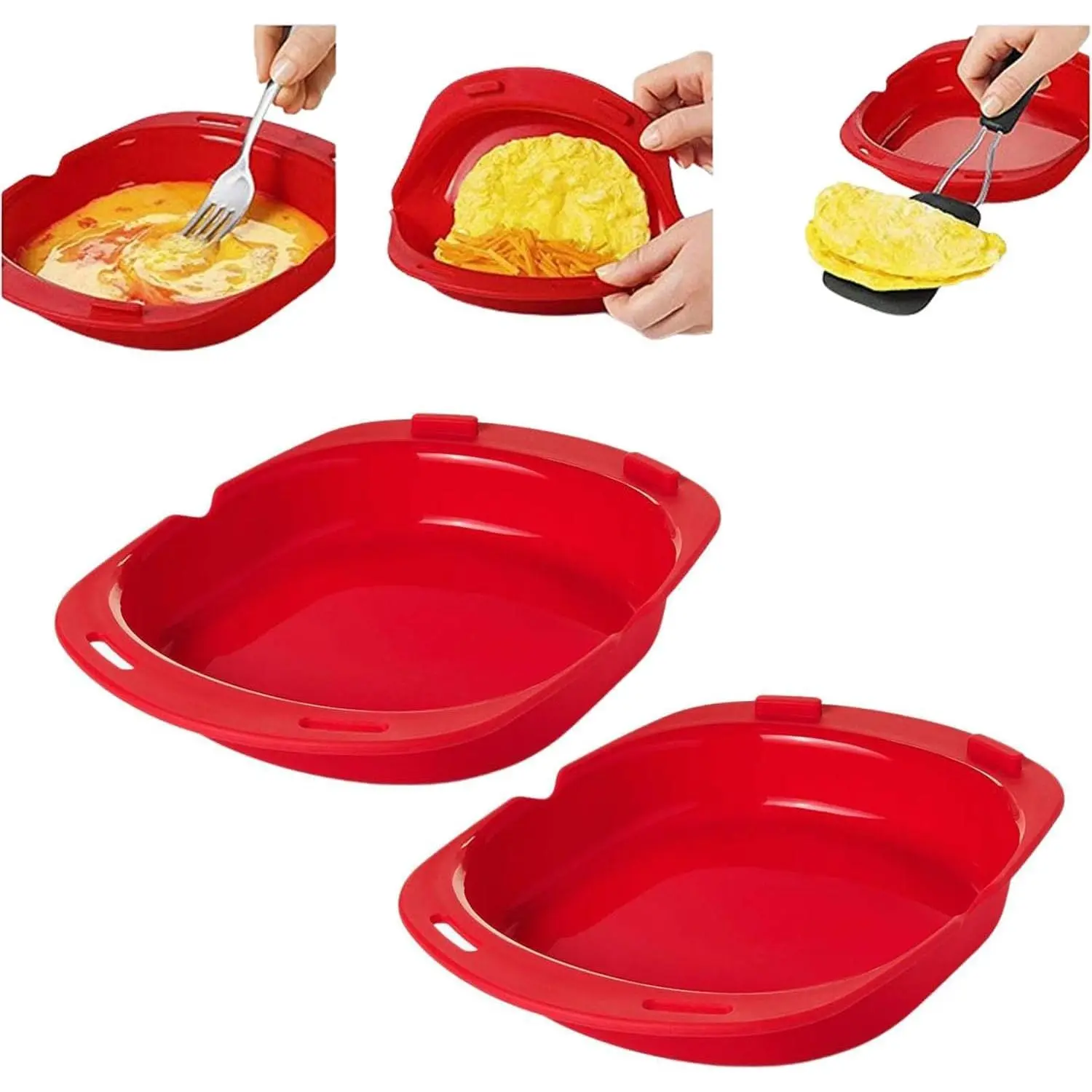 Silicone Microwave Omelette Maker, Red 2-Pack | Nonstick, Egg Poacher and Cooking Tray, Quick Breakfast, Foldable