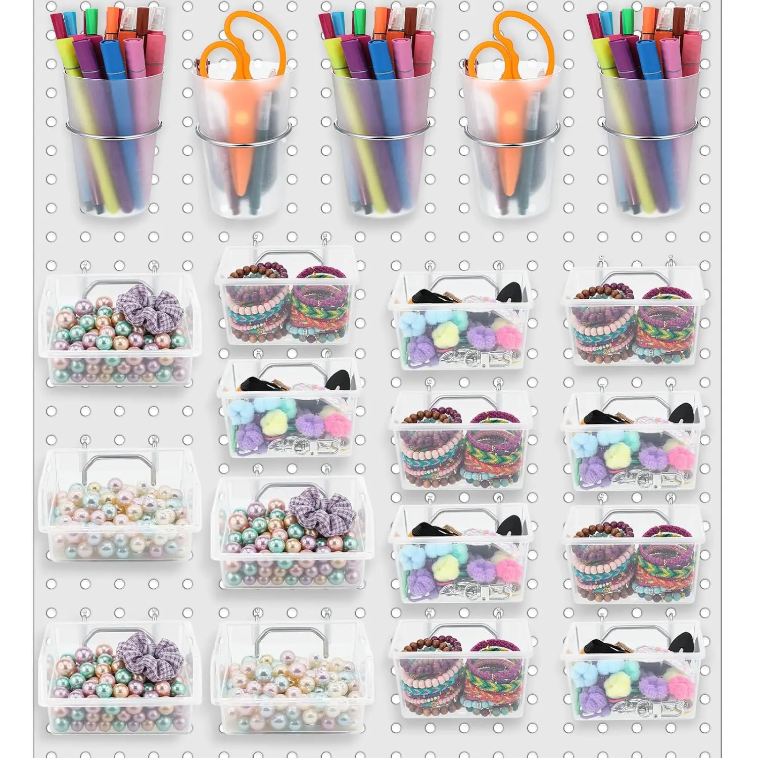 20 count Pegboard Organizer Accessories Clear Peg Board Bins and Cups with Hooks and Loops Kit Pegboard Baskets Set for Craft Room Garage Workshop Workbench Office