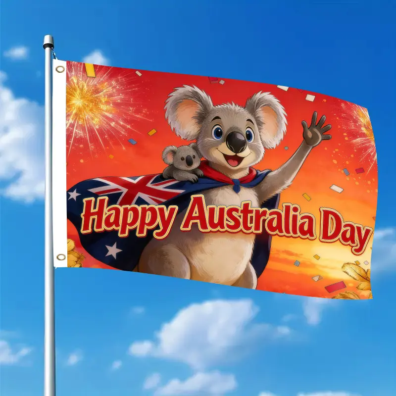 1-Pack 2D Flat Style Flag Featuring Cape with Kangaroo Mother & Australian National Flag, Decorated with Fireworks and Confetti - 2D Flat Printed National Day Theme Design - 3x5 Ft Single-Sided Hanging with Double Grommets