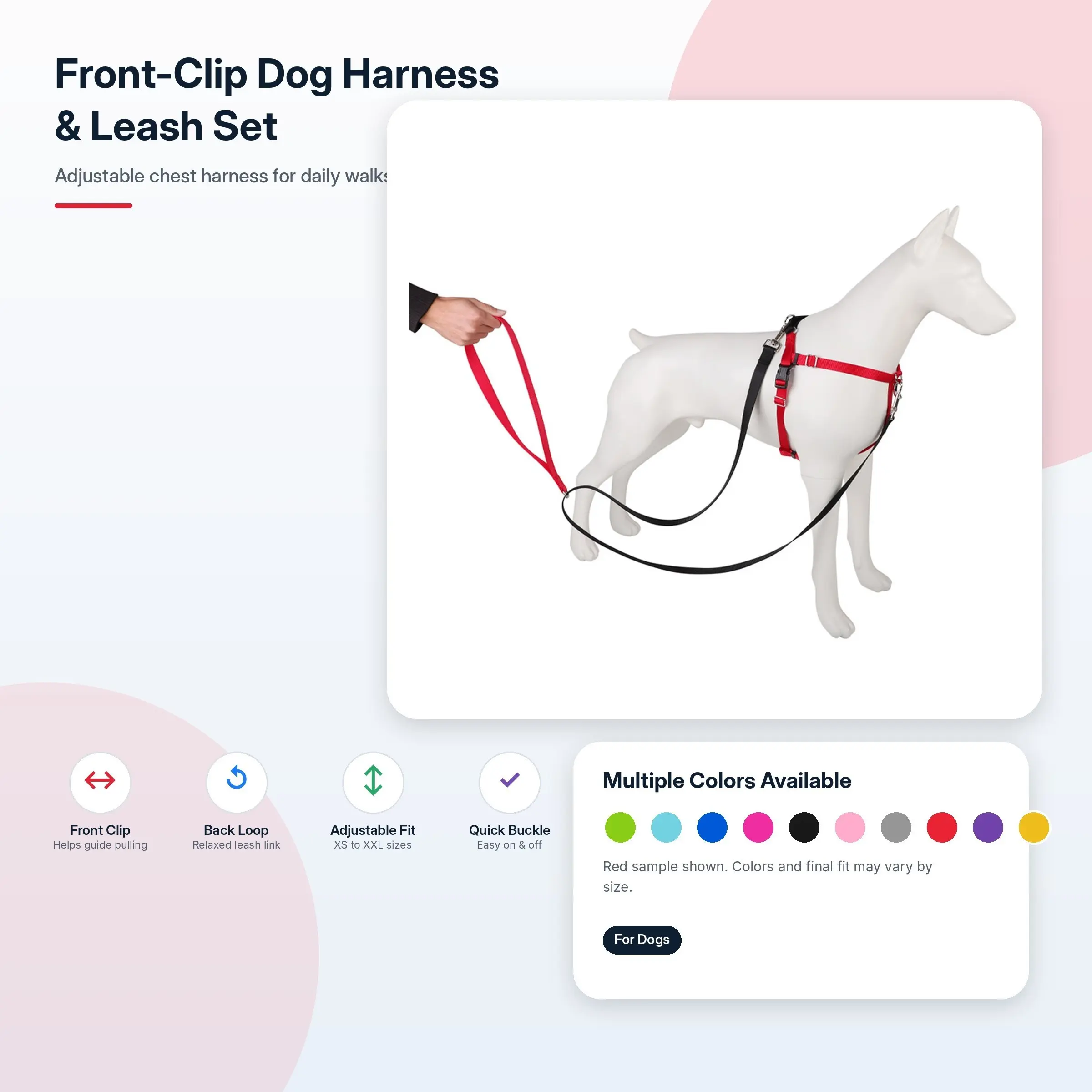 Adjustable Dog Harness with Front Buckle, Dual Lead Points, 4 Adjustment Points, Quick-Release Clips, Suitable for Small to Large Dogs