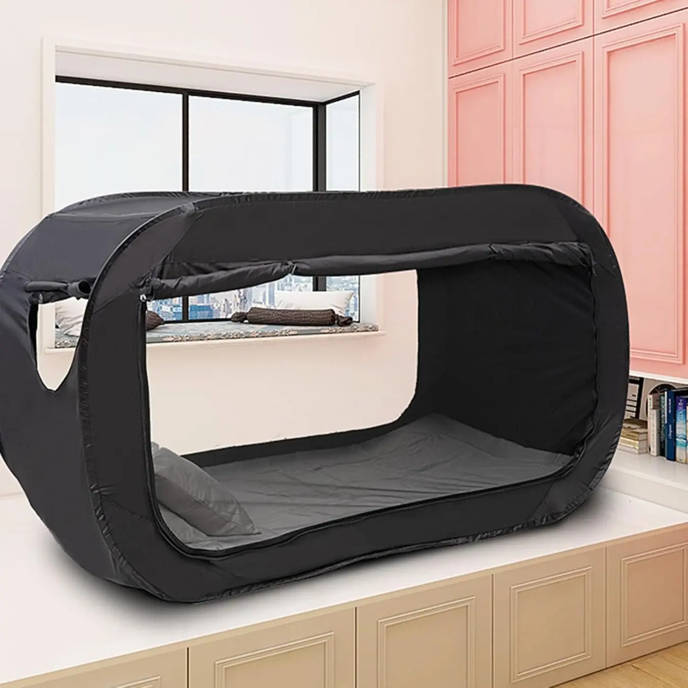 Large Folding Blackout Bed Tent, Outdoor Camping Tent, Outdoor/Indoor Portable Pop Up Frame Privacy Blackout Tent Mosquito Net with Double Doors and Small Windows on Both Sides with Protectors, Easy to Set Up and Stow.