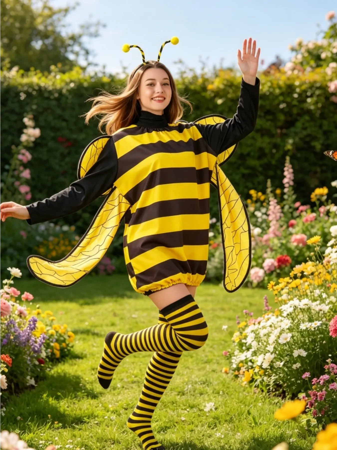 Adult Halloween Bee Ladybug Cos 3 Piece Set Jumpsuit Headwear Socks Holiday Party Dress Up Costume