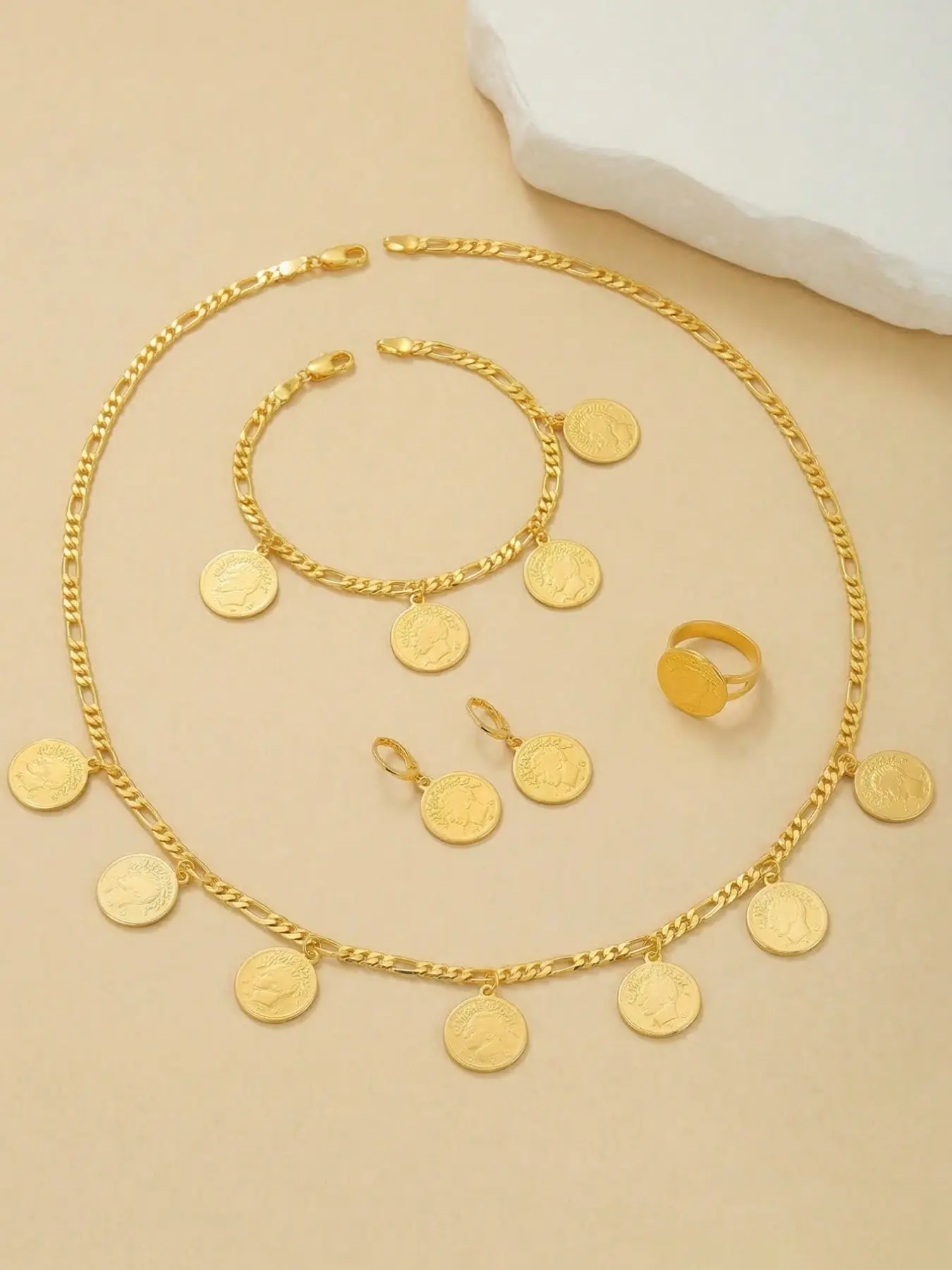 5pcs Fashionable Personality Coin Jewelry Set, Necklace, Bracelet, Ring, Earrings, Perfect for Daily Wear, Gift for Women