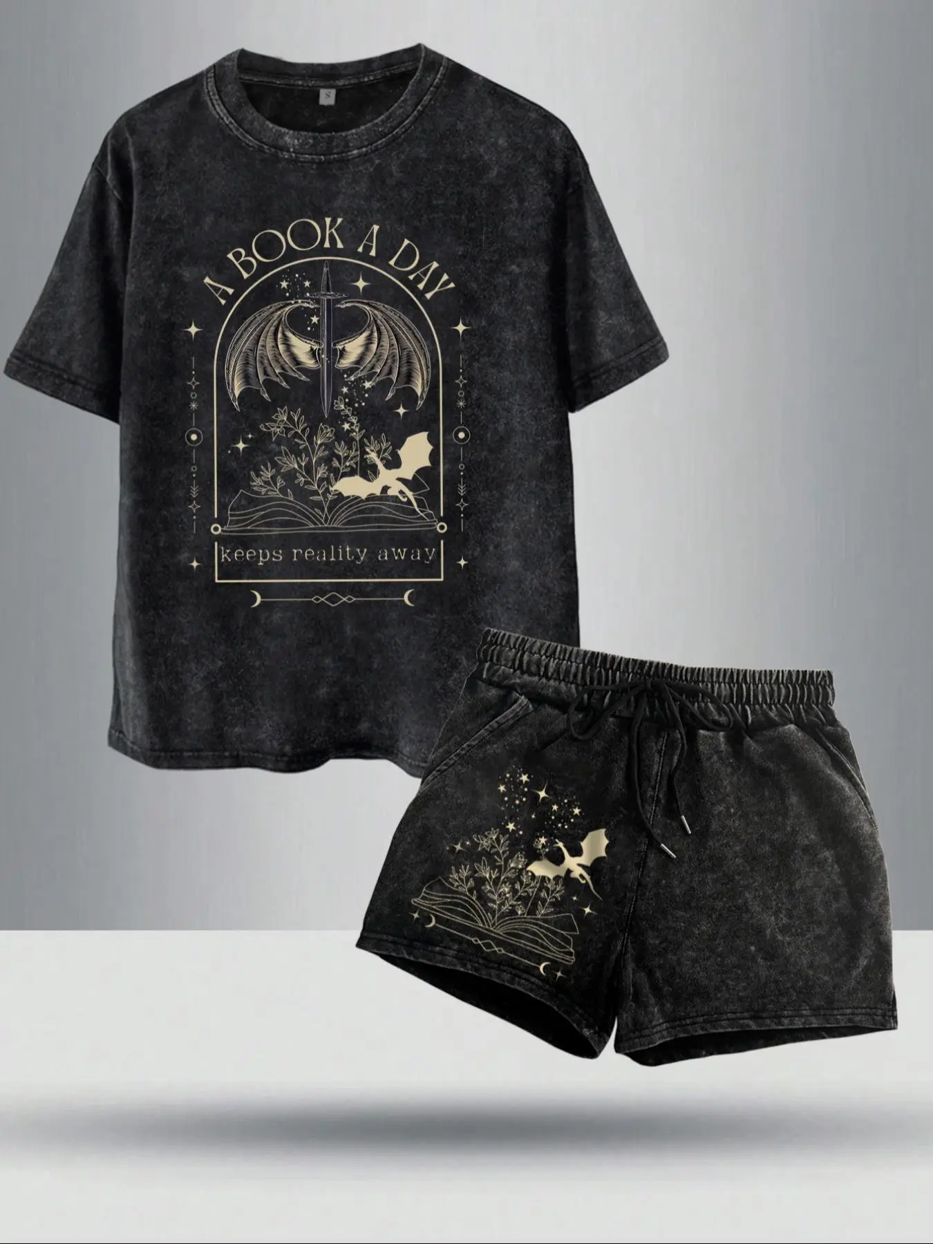 Two-Piece Set Women's Book & Moon Print Short Sleeve Tee & Shorts, Casual Round Neck T-shirt & Shorts for Daily Wear, Ladies Summer Clothes, Suits
