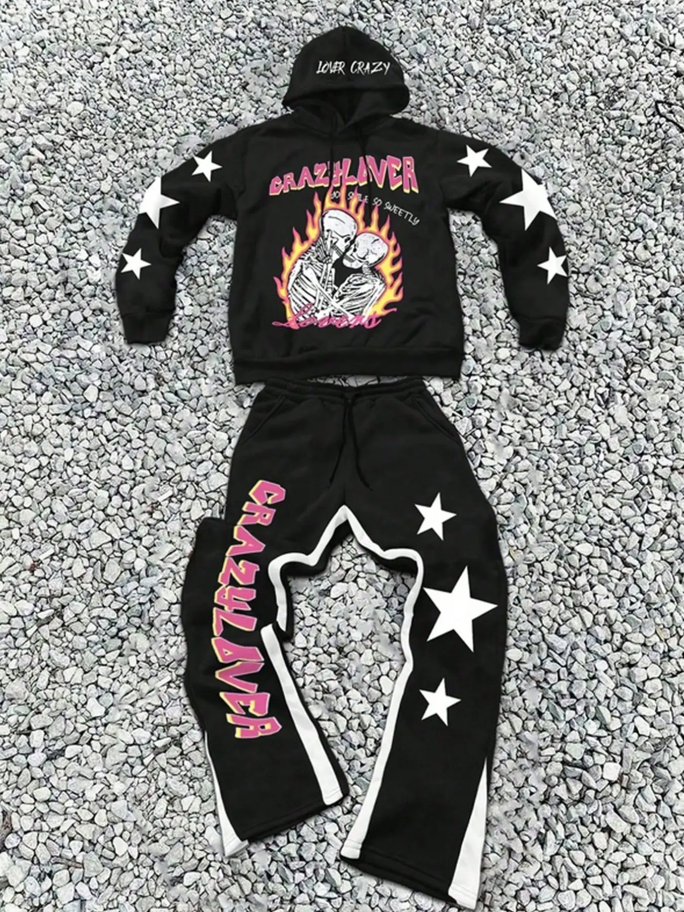 Y2K Gothic Skeleton Graphic Athleisure Tracksuit Set Unisex Streetwear Star Sleeve Hoodie & Sweatpants 2 Piece Matching Couples Outfit