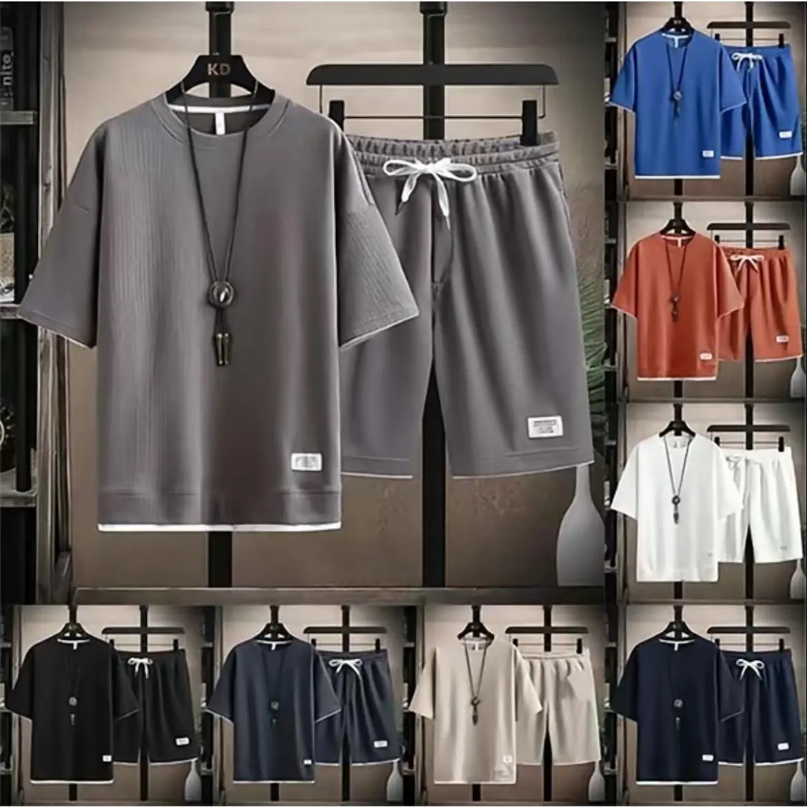 Breathable waffle knit coordinated leisure set featuring crew neck short sleeve top and drawcord waist knee-length shorts, skin-friendly airy textile laid-back tailored cut versatile everyday staple for casual urban mensfashion styling