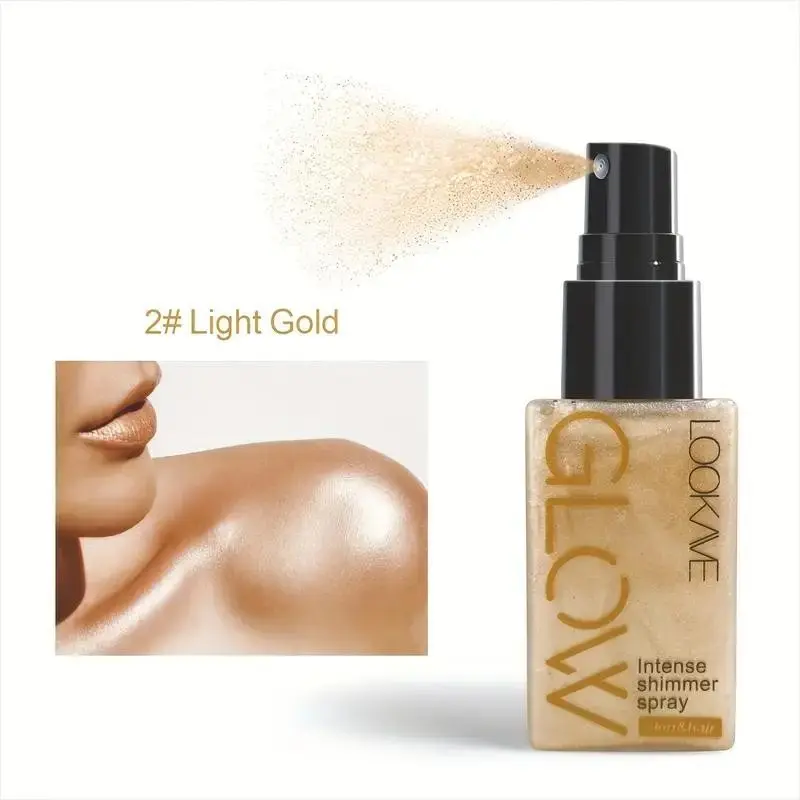 Pearl Shimmer Spray Highlighter -- suitable for face, body, and neck, brightens makeup, sparkling cosmetic, long-lasting shine. Available in four colors, it can create a beautiful glowing look, perfect for parties, balls, or dates, and makes a great gift.