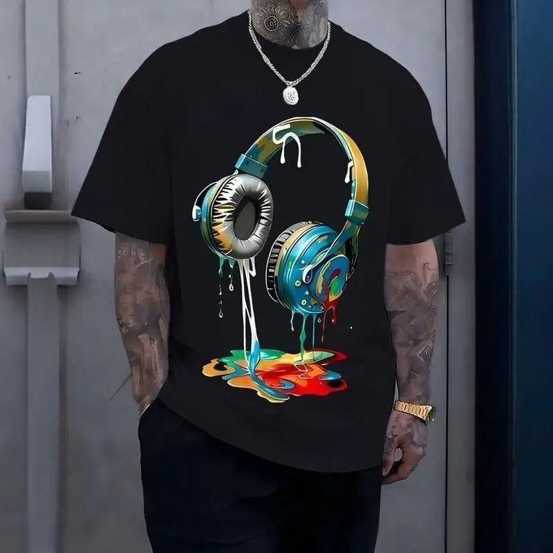 Artistic Headphones CVC Cotton T-Shirt, a versatile street-style casual men's top that pairs well with jeans and beige pants. It is a fashionable t-shirt, featuring a round neck and short sleeves, suitable for tropical shoe styles. graphic print