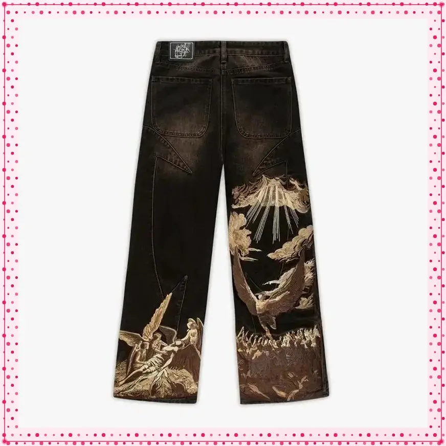 Casual jeans American retro patchwork sky etched pattern stitching embroidered jeans Gothic men's and women's hip-hop fashion street style jeans store gym shorts warm night vision fashion clothing autumn casual wear summer beach