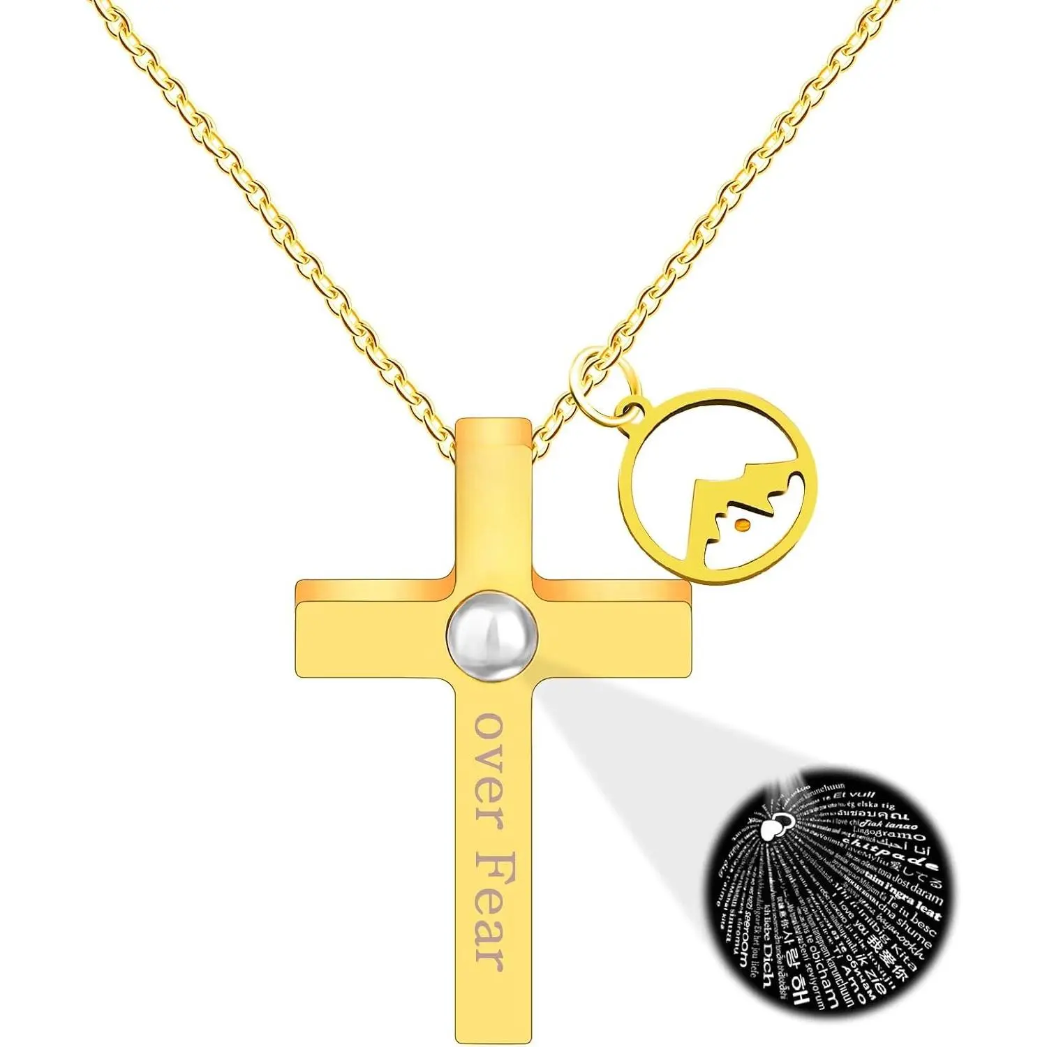 Christian Faith Heart Necklace for Women, Stainless Steel Jewelry with Mustard Seed and "I Love You" 100 Languages Projector