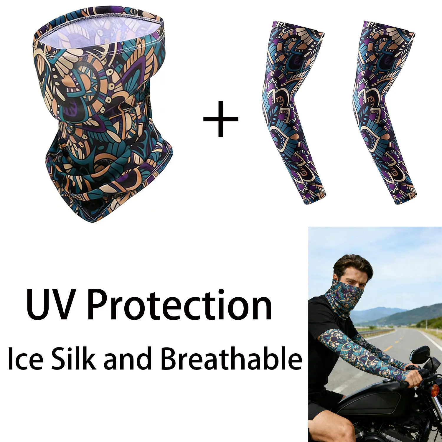 2 in 1 Cooling Arm Sleeves & Neck Gaiter, UPF 50+ UV Sun Protection Ice Silk Cover for Men Women Motorcycle Cycling Outdoor Activities Climbing Fishing and Hiking