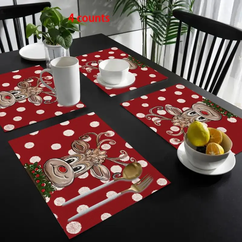 Christmas Themed Placemat, 4/6 Counts Rectangular Deer Pattern Table Mat, Table Decoration Supplies for Home Kitchen Dining Room