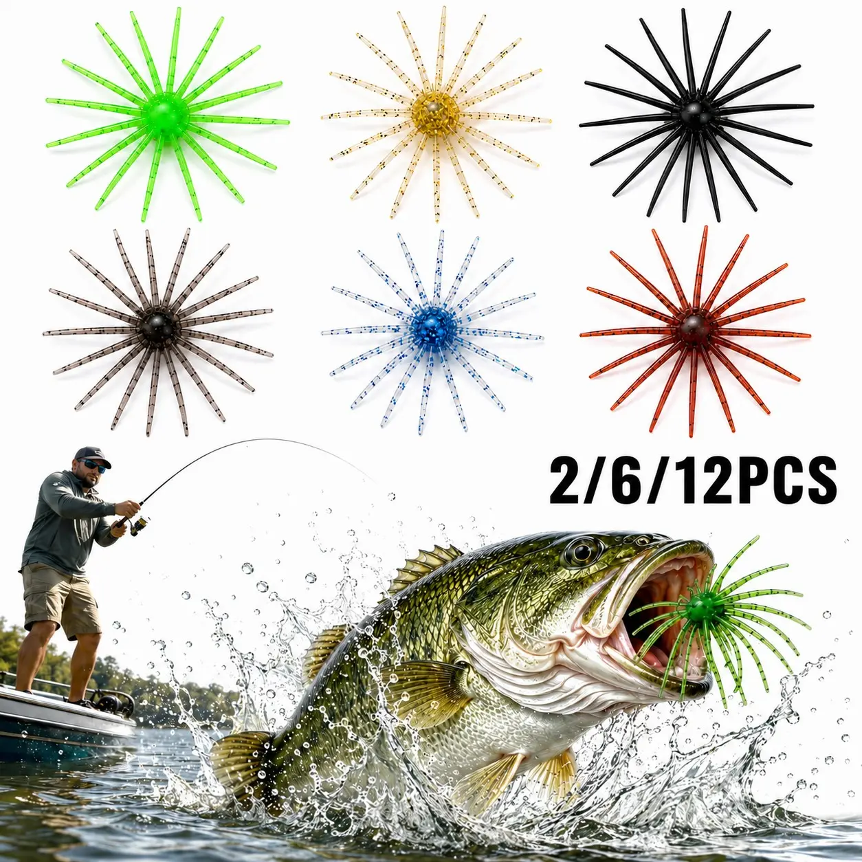 6/12PCS Soft Plastic Octopus Baits, Sea Urchin Soft Bait, Realistic Fuzzy Dice Fishing Lure, Japanese Finesse Worm for Bass Fishing, Plastic Baits for Bass Fishing, Drop Shot, Wacky Rig/Neko Rig & Finesse, Soft Fishing Worms, Soft Fishing Lures