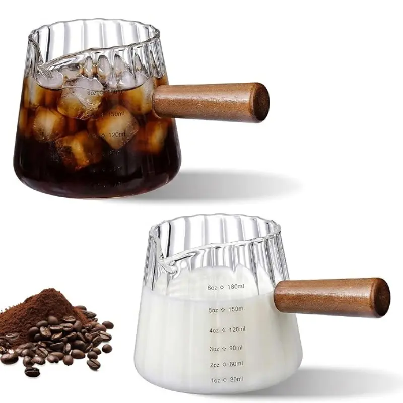 6oz Aruizun Espresso Coffee Shot Glass Cups, Espresso Measuring Cup with Oz&Ml Scales, V-Shaped Mouth Expresso Shots Cup with Wood Handle, Espresso Accessories Milk Frothing Pitcher for Home & Office, Liquid Measuring Cups, Kitchen Measuring Utensils