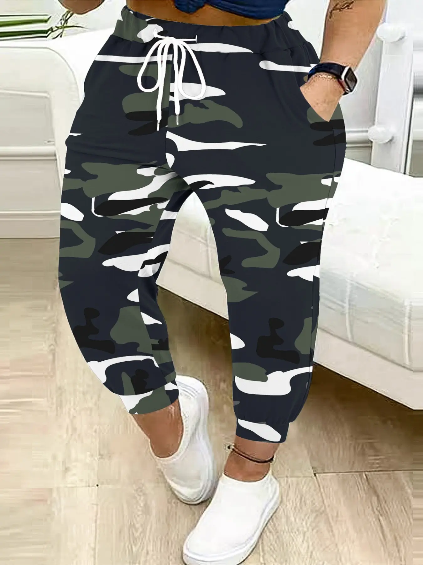 w Arrival: Plus-size Women's Camouflage Pants with Drawstring, Street-style Comfort Design with Pockets, Ideal for Casual Wear