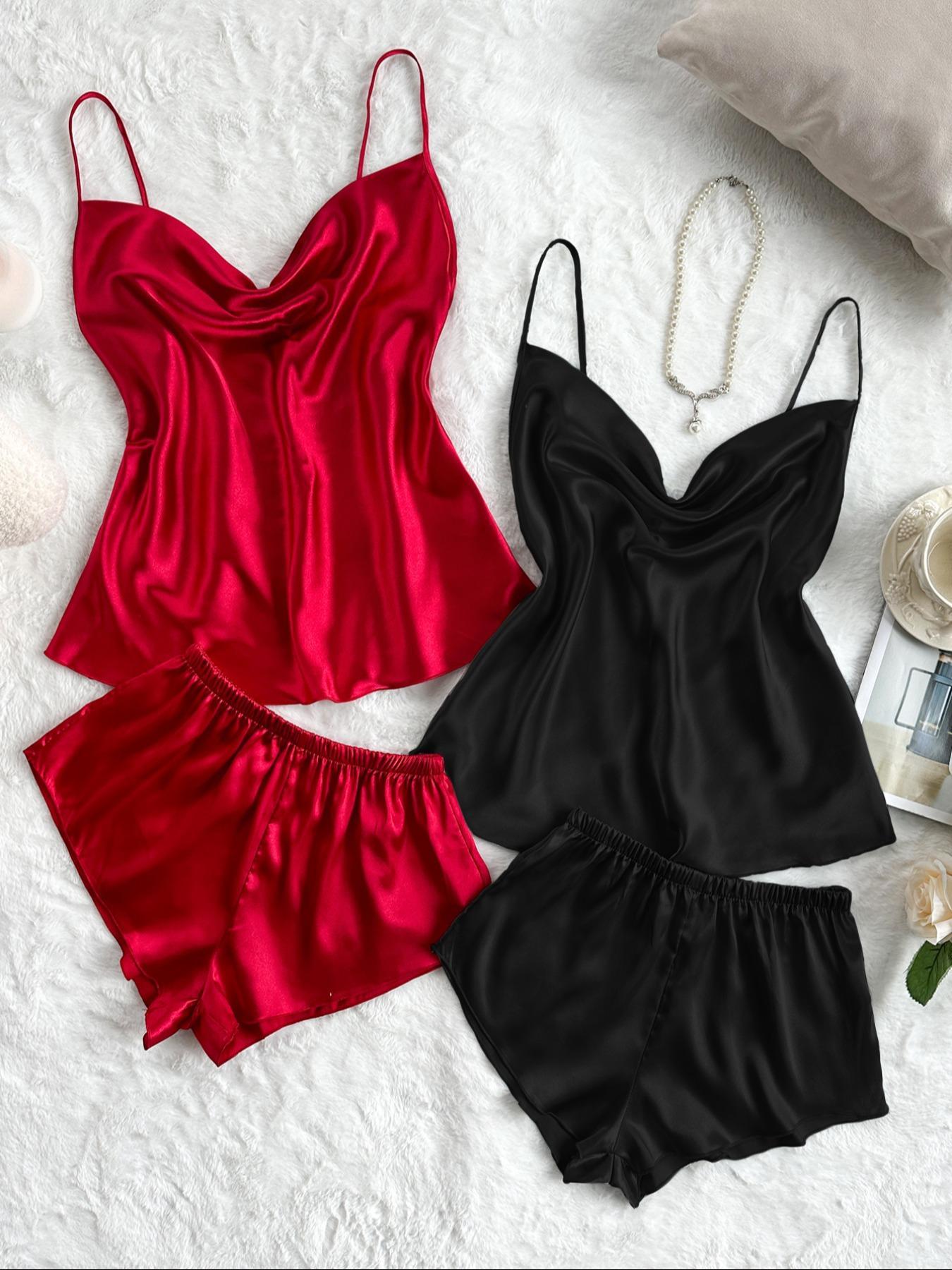 Four-Piece Set Women's Solid Draped Pyjama Set, Casual Spaghetti Strap Cami Top & Shorts, Comfy Loungewear Set for Women Lingerie