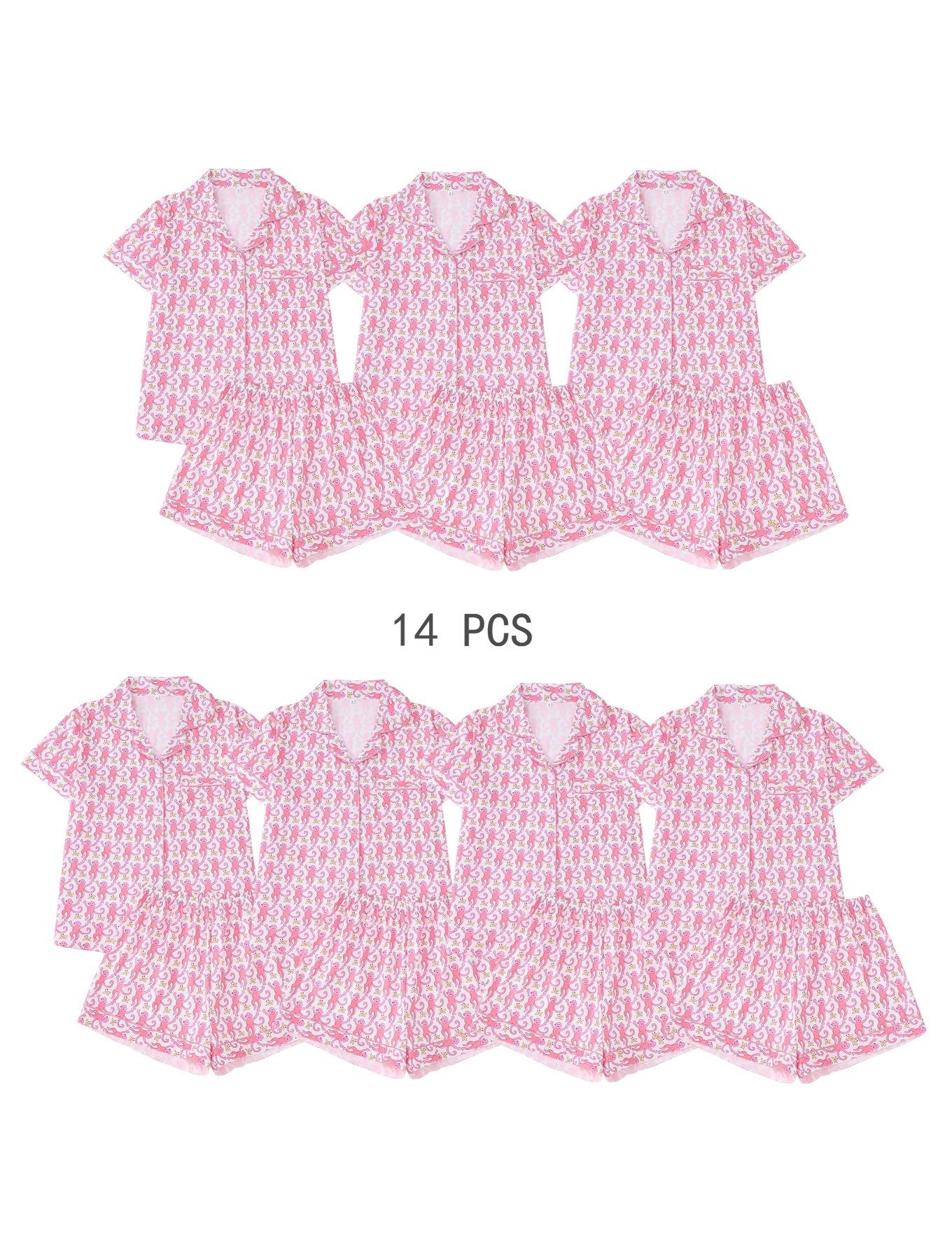 Women's Monkey Print Lapel Neck Button Front Shirt & Elastic Waist Shorts Pyjama Set, Casual Comfy Short Sleeve Pocket Top & Shorts PJ Set, Ladies Sleepwear Loungewear for All Seasons