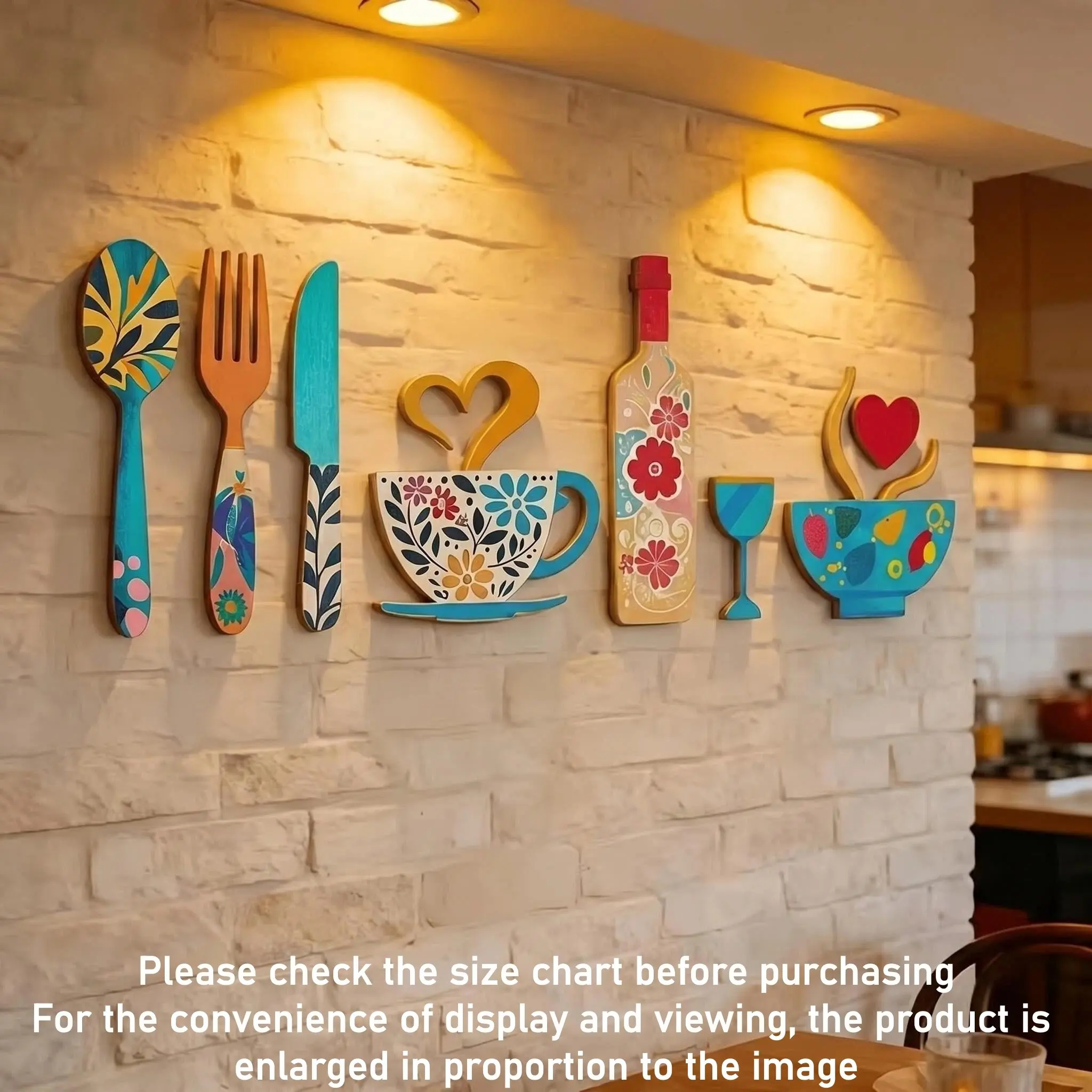 8-Piece Funny Wooden Wall Decor Set, Fork, Coffee Cup & Wine Glass Designs, Indoor Wall Art for Kitchen, Café, Bar & Holiday