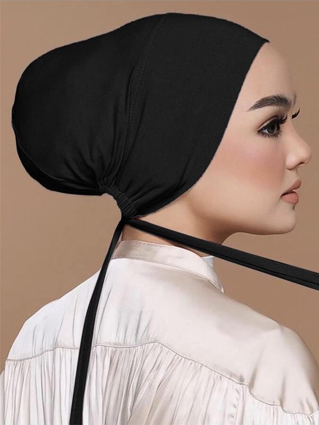 1 Piece Muslim Drawstring Headscarf, Adjustable Hijab Tube Cap Under Scarf, Elegant Casual Chic Chiffon Solid Color Turban For Women, Convenient Accessories For Daily Wear