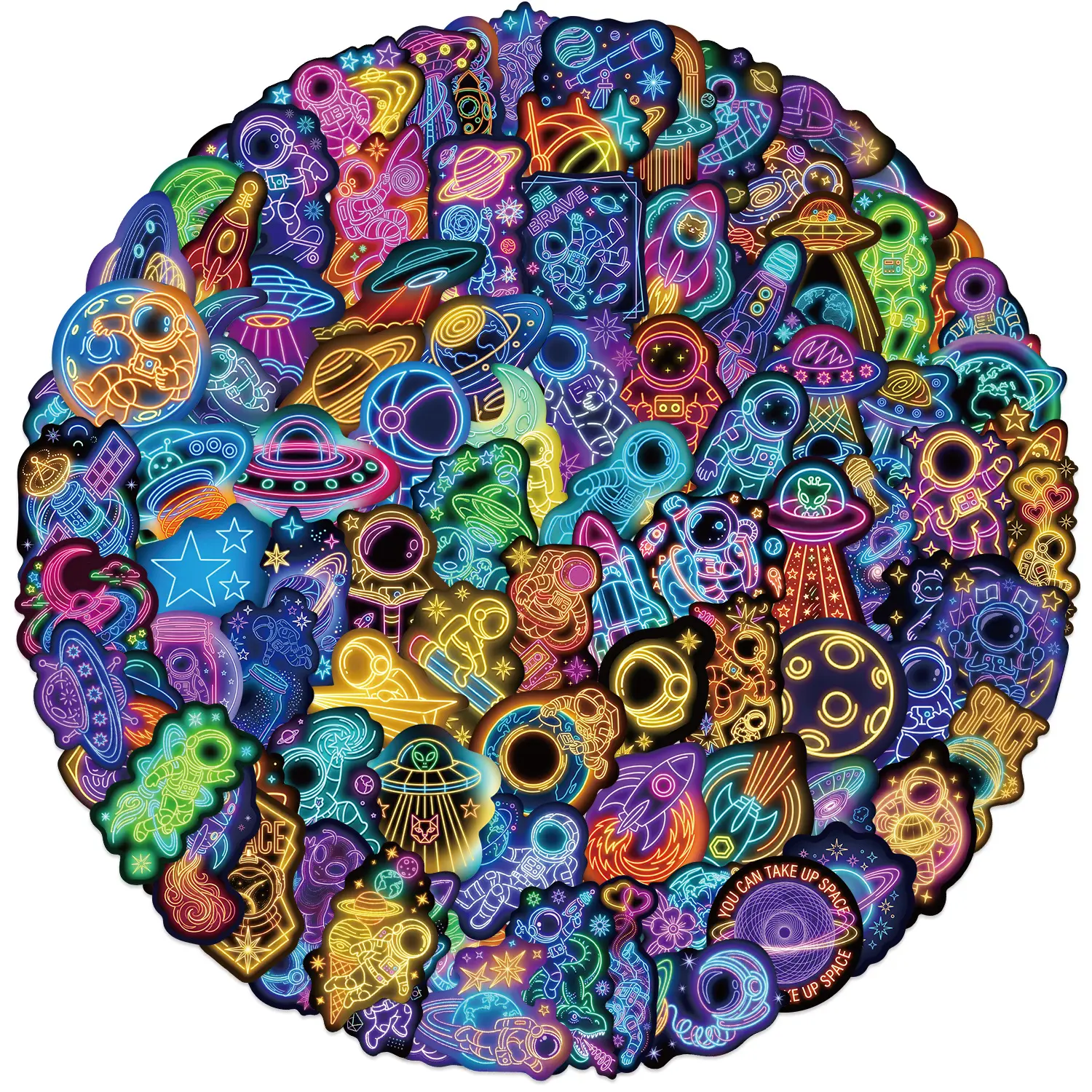 100‑Piece Neon Space Astronaut Series Stickers, Office Supplies Suitable for Decorating Scrapbooks, Journals, Laptops, Water Bottles, Cars and More, Creative Birthday Gifts