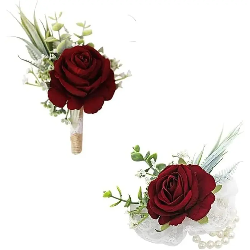 Wine Red Corsage and Boutonniere Set Artificial Burgundy Rose Flower Wrist Corsage and Boutineers for Groom Groomsmen Bride Bridesmaids Prom Rustic Vintage Wedding Decor