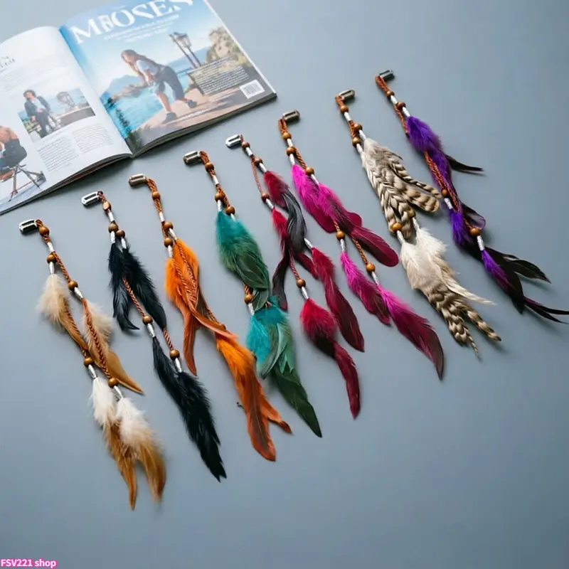 2 Pack Bohemian Natural Feather Hair Barrettes, Retro Indian Ethnic Wooden Bead Tassel BB Hair Clips, Hippie Long Pendant Hair Pins for Beach Vacation, Music Festival & Cosplay Outfit Decor