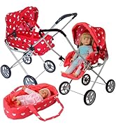Convertible Combo Baby Doll Stroller for 3 Year Old Girls & Up |   Play Toy Baby Stroller for Dolls, Folding Adjustable Bassinet Carriage Buggy with Storage Basket Converts to Sit Up Pushcart Pram, Red