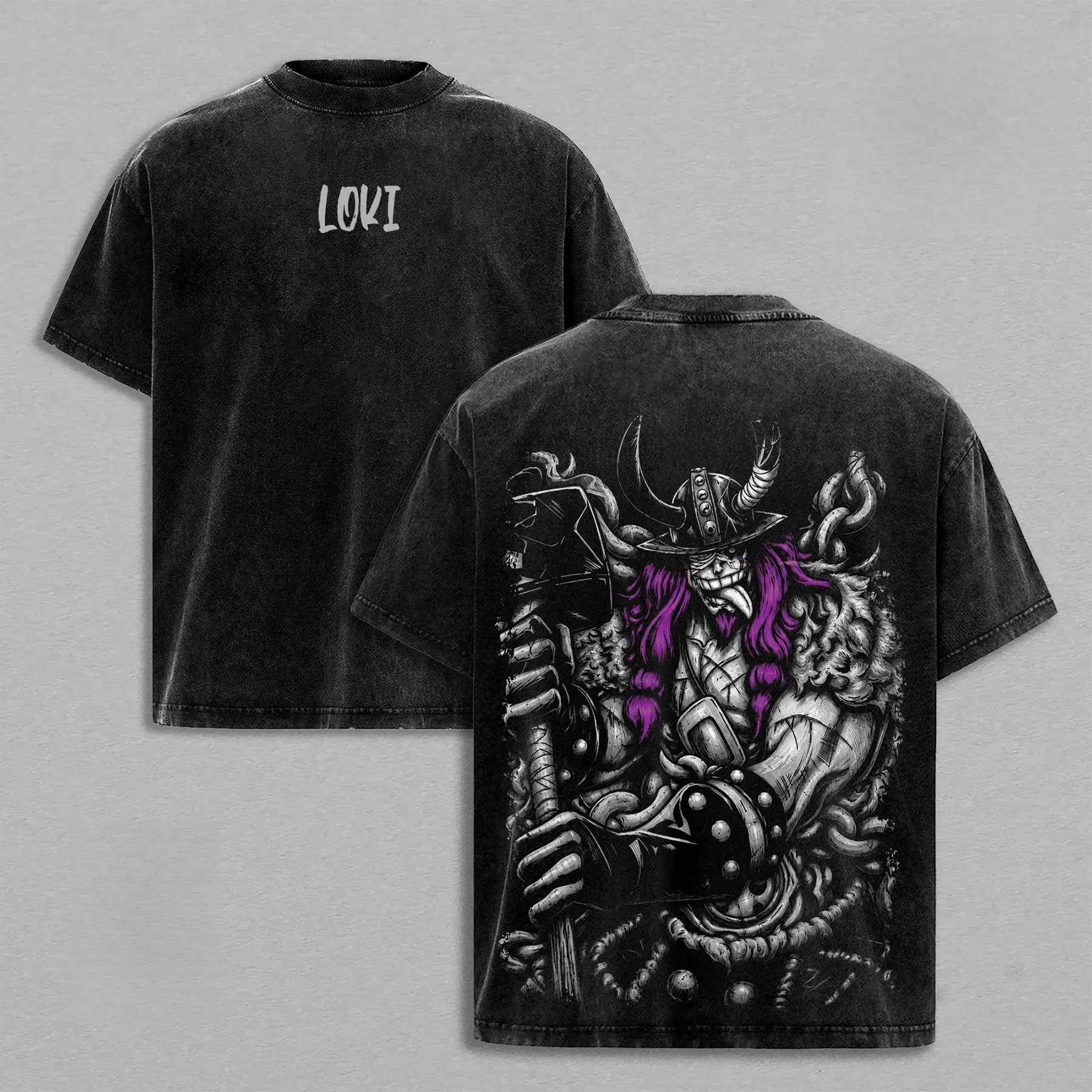 Loki Washed Tee – One Piecee Anime Elbaf Giant Prince Manga Graphic Double Printed T-Shirt, Menswear Heavy Cotton Unisex Oversize Streetwear Vintage Anime Tee