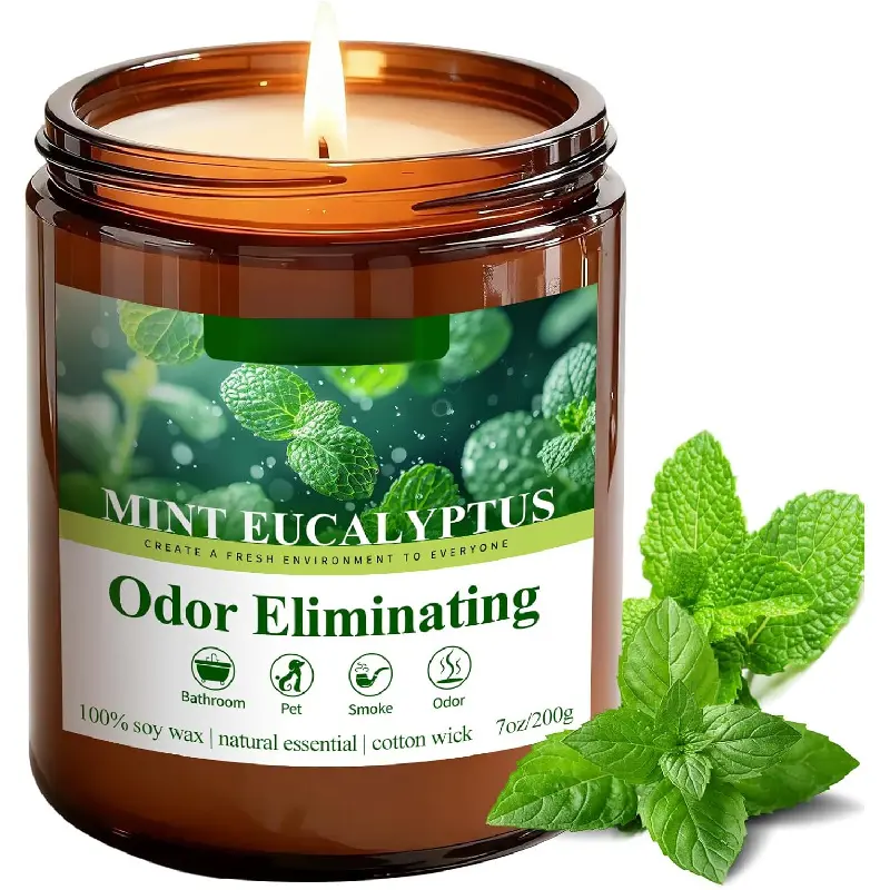 Mint Eucalyptus Odor Eliminating Candles| Eliminates 95% of Pet, Smoke & Bathroom Odors – 7 oz Hand Poured Non-Toxic Soy Candle - Air Freshing Scented Candles - Stress Relief Gifts for Women Men