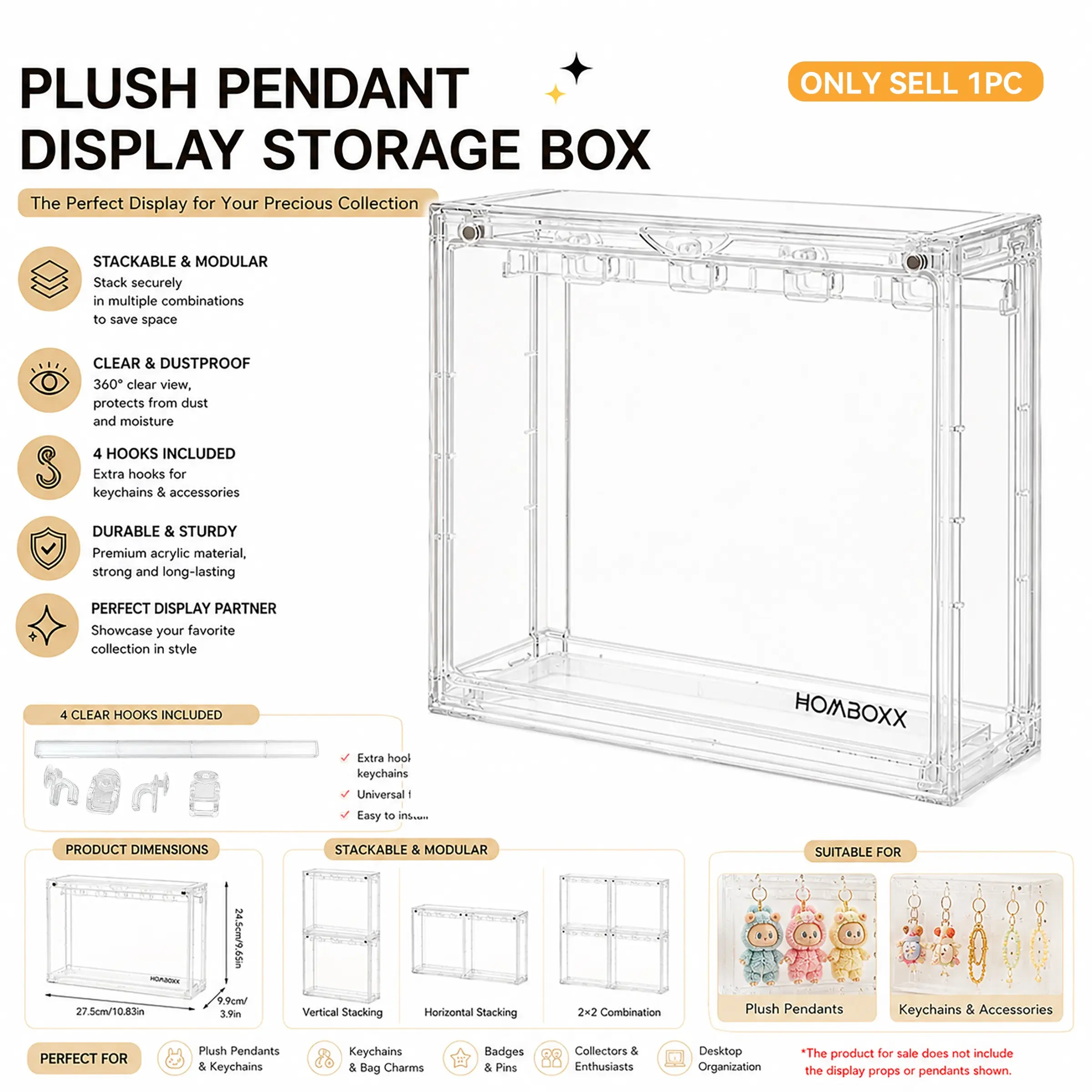 Plush Keychain Display Case Set with 4 Transparent Hooks, Optional 12 Hooks Accessory Pack, Stackable Clear Dustproof Storage Box for Plush Pendants, Figures & Collectors