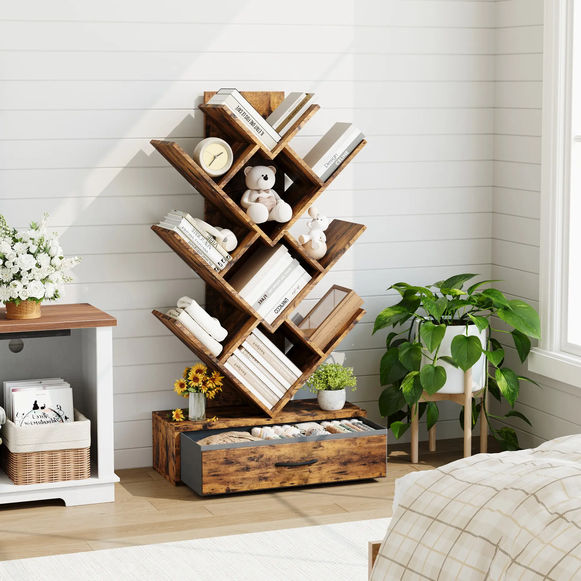 7-Tier Tree Bookshelf with LED Lights & Fabric Drawer - Rustic Industrial Vertical Bookcase for Living Room, Bedroom & Office, Space-Saving Design