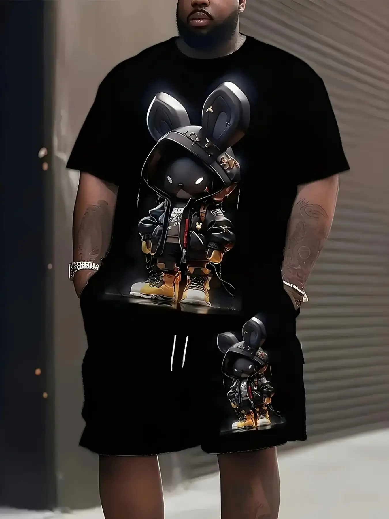 Men's 2-Piece Set, Cartoon Pattern, 3D Digital Print, Summer Casual, Drawstring Design, Loose Fit, Short Sleeve Tee & Shorts