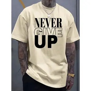 Men's "Never Give Up" Pattern T-Shirt - Cotton, Soft And Comfortable, Red Bold Black Letter Print, Casual Summer Outdoor T-Shirt, Perfect Gift For Men, Machine Washable