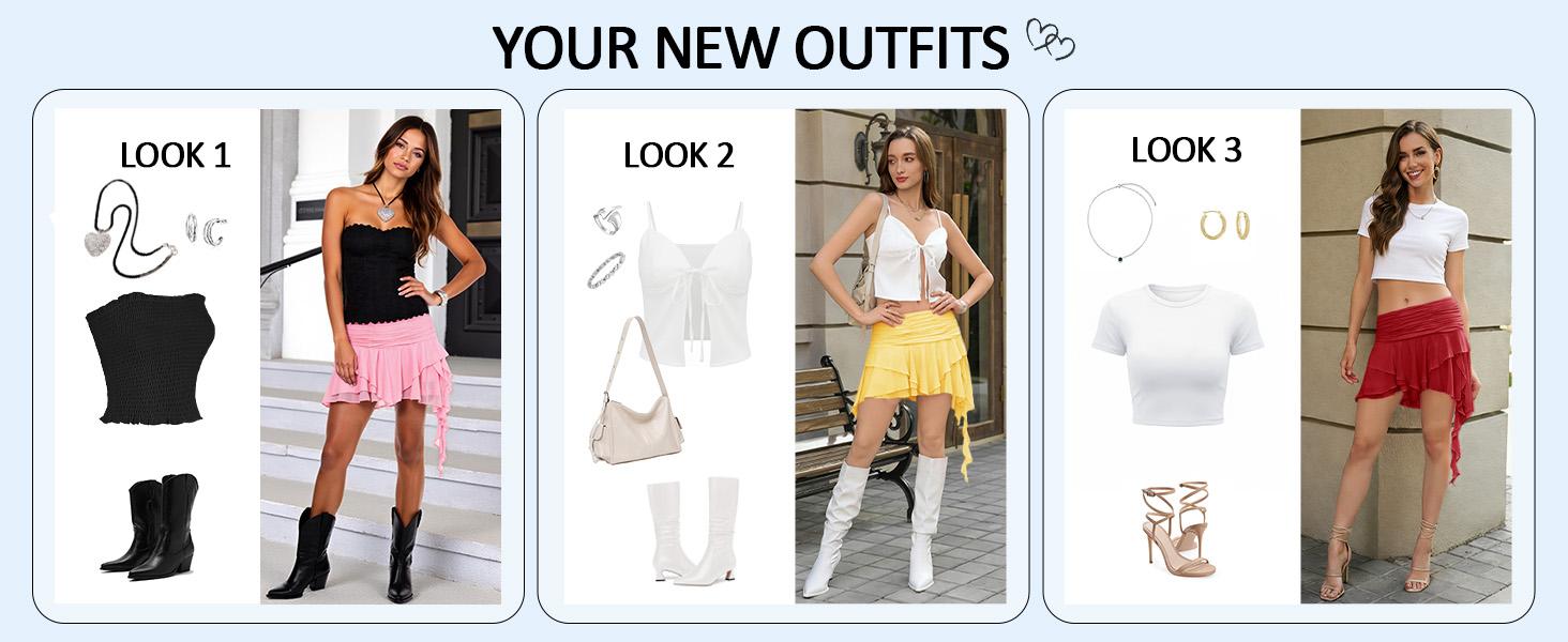 Yousify Women's Y2K Mini Skirts Mesh Flowy Ruffled Skirt Layered Low Rise Pleated Asymmetrical Short Skirts for Summer