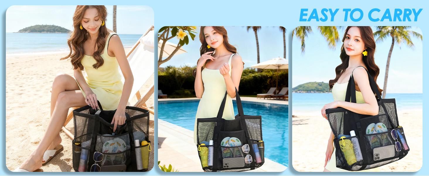 Mesh Beach Bag, Large Beach Tote with Zipper Pocket, Toys Pool Bag for Family Travel Vacation Cruise Essentials
