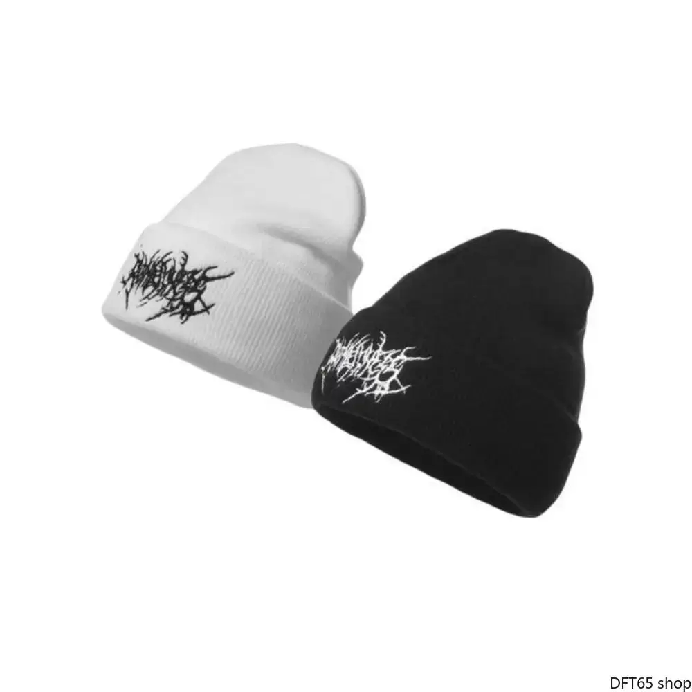 Solid Color Embroidered Gothic Punk Knit Beanie Soft Warm Acrylic Yarn Adjustable Foldable Cuff Stretch Fit Unisex For Men Women Autumn Winter Ski Outdoor Street Windproof Portable Cold Weather Thermal Headwear
